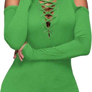 Green Women's Sexy V-Neck Cold Shoulder Long Sleeve Shirt